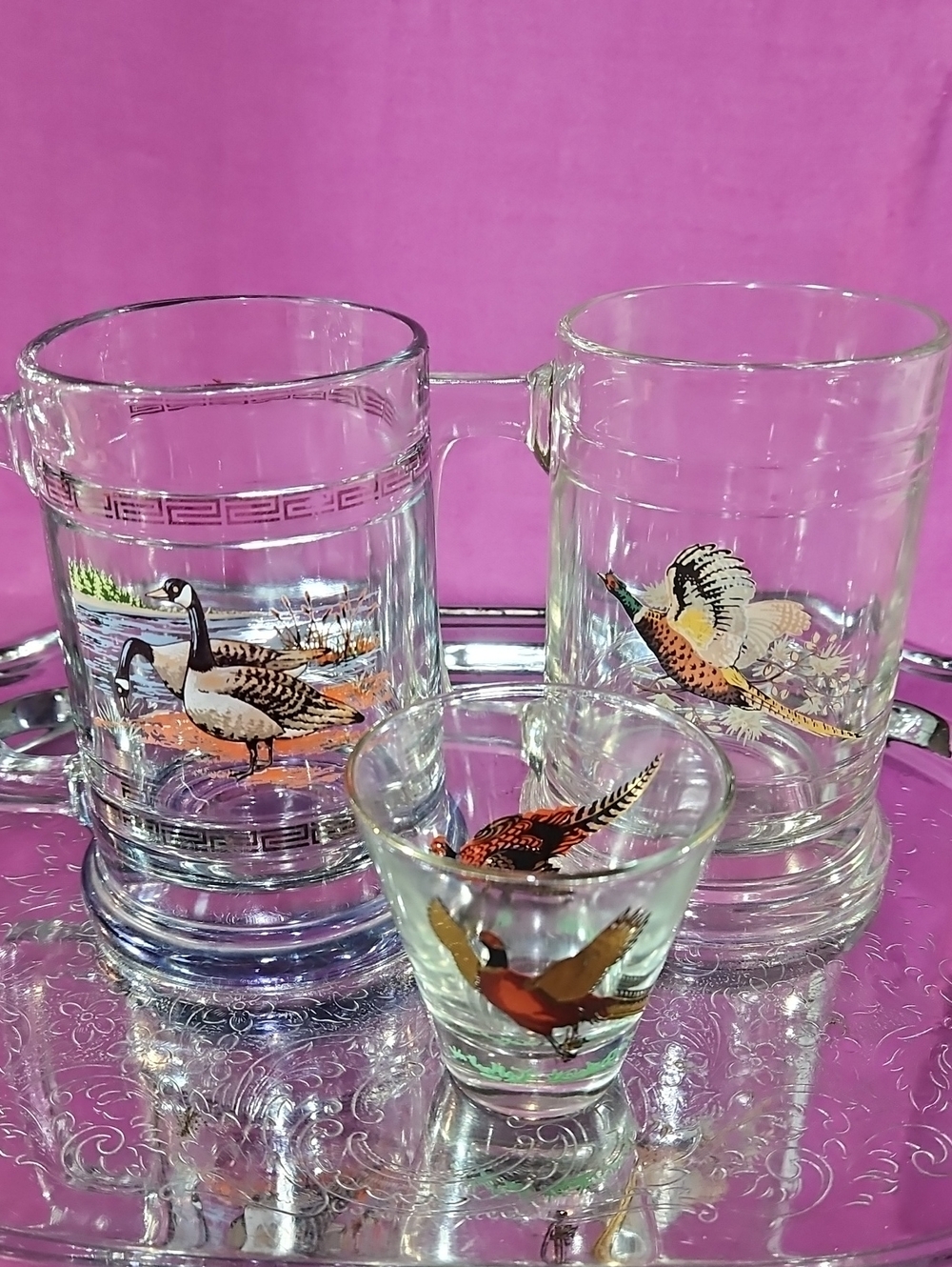 VTG Game Bird Glassware Set Canada Geese & Pheasant Mugs + 22k Gold Shot Glass